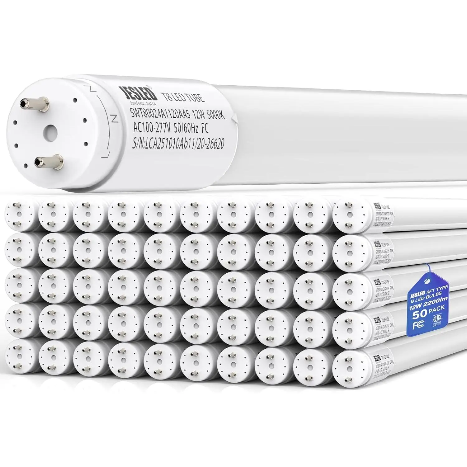 ETL T8 LED Bulbs 4FT 12W 5000K, Type B Ballast Bypass, 2200LM, ETL | Designed to replace 40W fluorescent bulbs. Ballast bypass installation required. Single or double end powered, 50 Pack