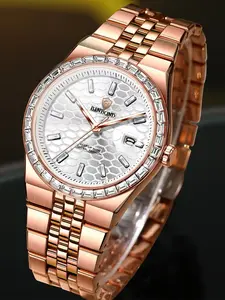 A men's rose gold steel strap high-grade business casual analog watch with a diamond calendar and quartz movement Quartz Wristwatch
