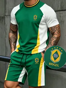 2026 New Men's Brazilian Football Style Two-Piece Set, Block Raglan Short Pants, Quick-Dry Sportswear for Gym/match Days