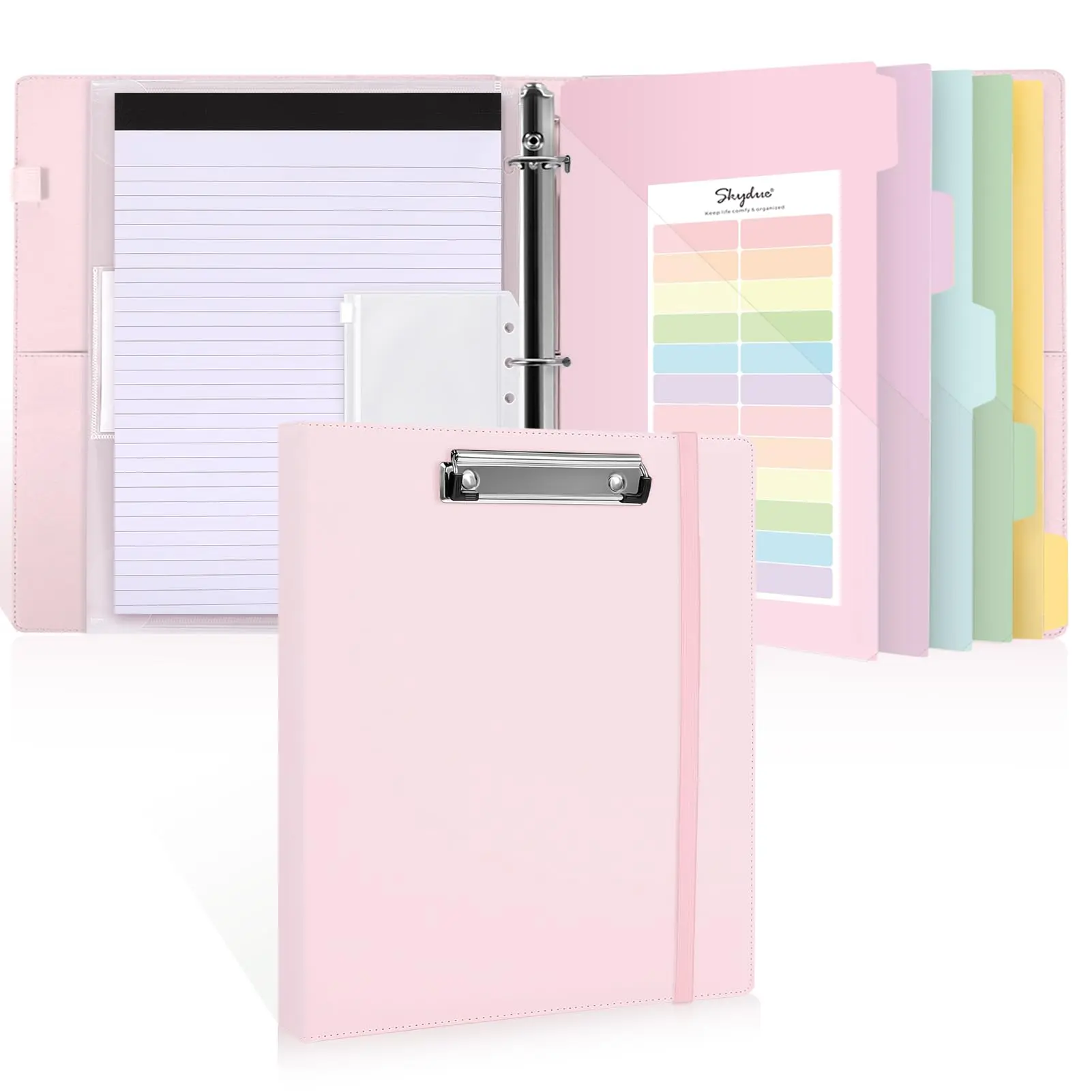 SKYDUE Clipboard Binder with Refillable Notepad, PU Clipboard Folder Includes 5 Dividers with 10 Pockets, Labels, 3 Ring Binder 1 Inch for School Office (Fit Letter Size Sized Paper) Hardboard Letter Set Elastic Band, Colorful Dividers, Birthday