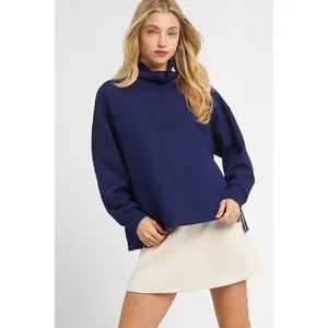 Umgee Turtle Neck Dolman Sleeve Side Slit Sweater with Contrast Detail
