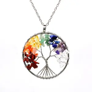 Kabbalah Tree of Life Copper Wire Natural Stone Pendant Necklace - Unisex Spiritual Lucky Charm Jewelry, 50cm Leather Cord, 5cm Pendant, 18G Weight