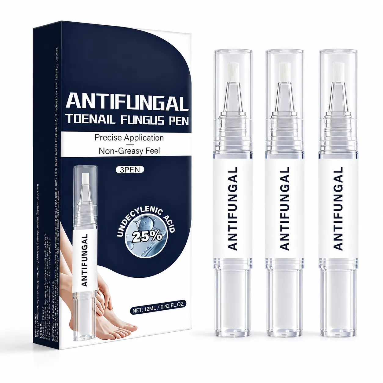 3-Pack Antifungal Toenail Treatment Pen with 25% Undecylenic Acid, Formula with Cooling Menthol for Thick, Fragile Nails, 12ml Unisex Nail Repair Solution
