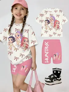 Girls Summer Kpop Series T-Shirt Shorts Set, Q Version Girl Group Bow Full Print Cartoon, Casual Streetwear, Gift for Children