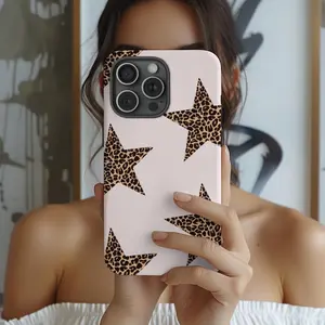 Leopard Star Phone Case Pale Pink Cheetah Print Tough Phone Case for iPhone 16 15 14 13 12 11 pro max