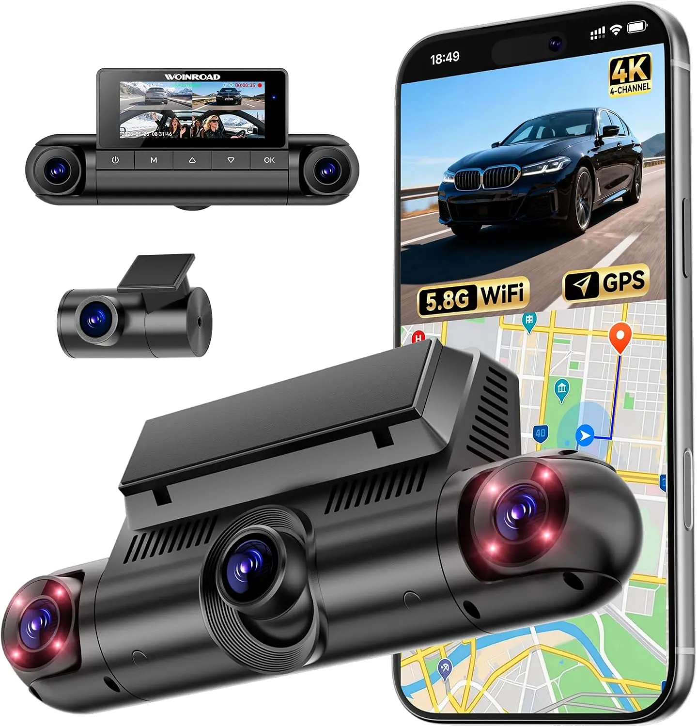 4K  4 Channel Dash Cam Front & 170° to 150° ultra-wide angle 4Lenses Simultaneous Recording 5.8GHz WiFi GPS 8 IR Lights Gravity Sensor Loop Recording 128GB SD Card video dashcam 4-lens