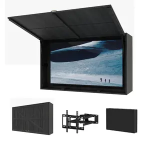 Outdoor TV Enclosure for 44-55 Inch TVs, Wooden Weatherproof Cabinet with Fold-Up Door & Telescopic Bracket, Wall-Mounted for Patio, Beach or Balcony – Black