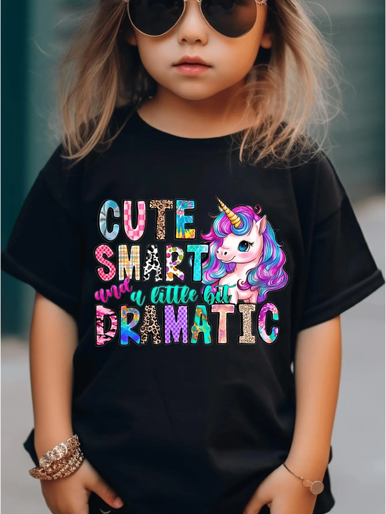 Girls' T-Shirt with Colorful Unicorn Pattern Print And Letter Print for Comfortable And Casual Round Neck Short Sleeves