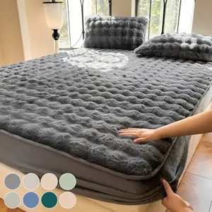 Luxury Faux Rabbit Fur Fitted Sheet Set, Ultra Soft Warm Solid Color Bedding, 3-Piece Bed Sheet Set with 1 Fitted Sheet & 1/2 Pillowcases, All Season Cozy Bedroom Dorm Sofa Décor, Perfect Christmas Gift, Bed Sheets Set