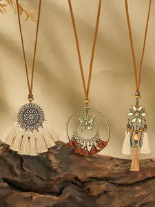 3Pcs Women's Long Pendant Necklace Set, Bohemian Vintage Fall Sweater Chain, Geometric Fringe Y-Shape Necklaces, Handmade Fashion Jewelry Accessories, Tassels