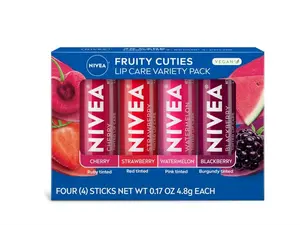 NIVEA Lip Care, Fruity Tinted Lip Balm Variety Pack, Cherry, Strawberry, Blackberry and Watermelon Flavors, 3-in-1 Moisture, Repair and Color, 0.17 Oz Stick, Pack of 4