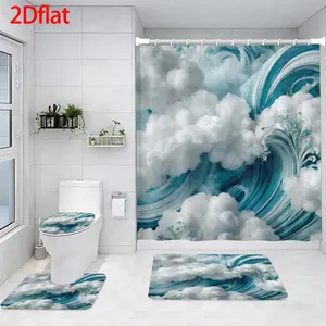 4-Piece Bathroom Sets Full Set Blue Ocean Wave and Cloud Pattern Four-Piece Curtain Set Elegant Decor Shower Bath funny Accessories U-Shaped floor Seat Cover Cushion Toilet Lid Rug Carpet Non-Slip  Shape Mat Gifts Style toilet waterproof