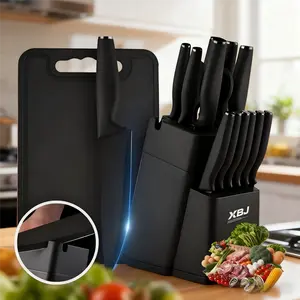 Knife set, XBJ-15 piece kitchen knife set with sharpening block, dishwasher safe, non-slip handle, black steel and wood sharpener, steak cutting stainless steel high quality knife set with sharpener kitchenware from Germany, Christmas gift