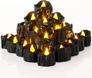 24-Pack Halloween Black Dripping Flameless Tea Lights, Battery Operated Flickering LED Candles, Safe for Pumpkins, Party & Holiday Decor, 1.58" D x 1.2" H, Warm White Glow
