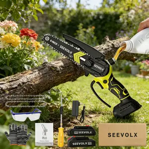 SEEVOLX Cordless Mini Chainsaw 6" with 2x 21V Batteries Brushless Motor for Garden & Camping Portable Ergonomic Design for Precision Pruning and Branch Cutting