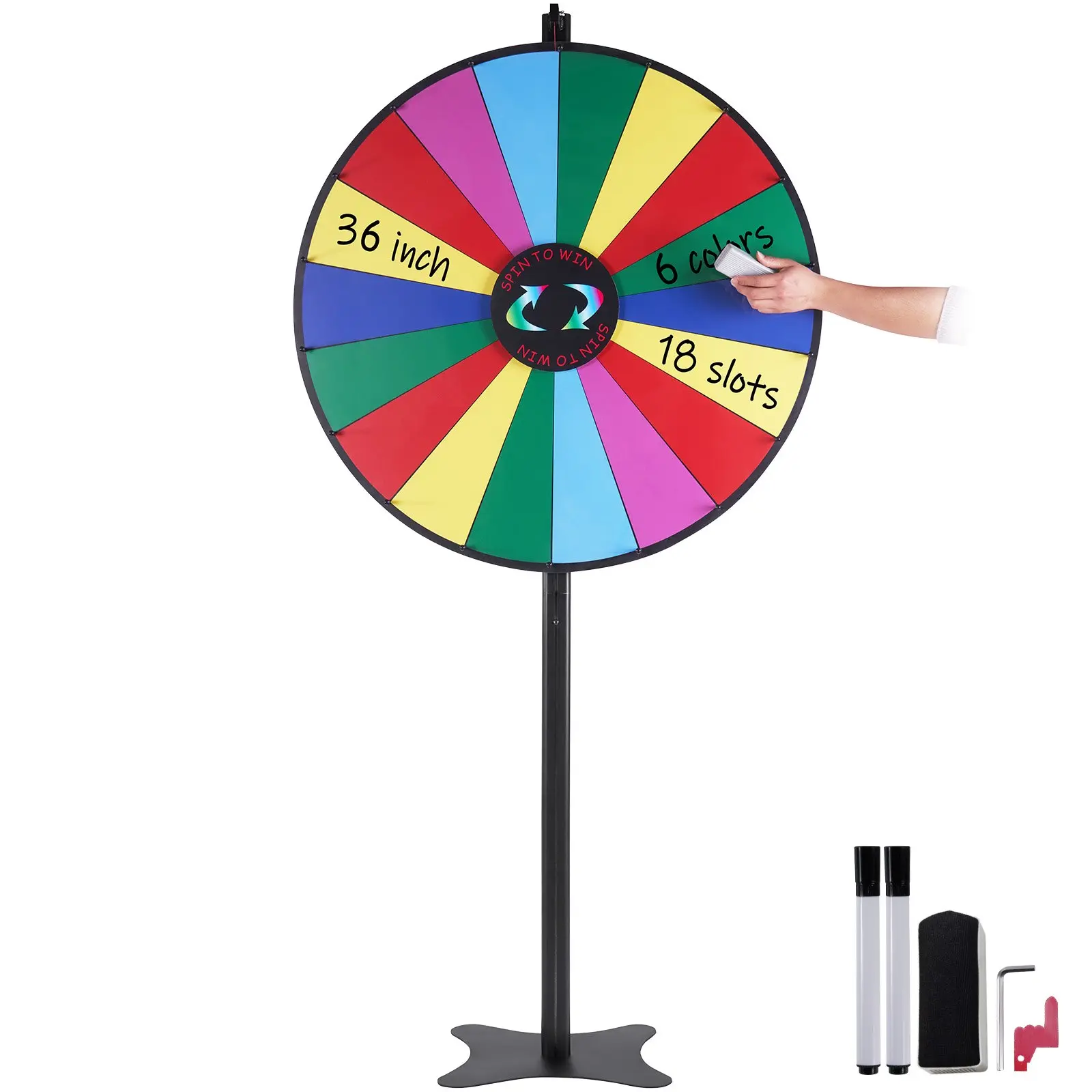 【Summerfinds】VEVOR 36 inch Spinning Prize Wheel, 18 Slots Spinning Wheel, Roulette Wheel with a Dry Erase and 2 Markers, Tabletop or Floor Standing Win Fortune Spin Games in Party Pub Trade Show Carnival Round Durable