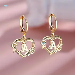 Golden Letter Heart Flower Stud Earrings for Women Elegant