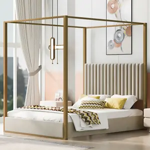Queen Size Upholstery Canopy Platform Bed with Headboard and Metal Frame, Beige，82.7L x 60.2W x 78H Inches，The package will be shipped in two separate parcels