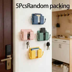 5 Pieces Random Color Wall Mounted Storage Box Mobile Phone Holder Phone Key Holder Sticky Bedside Shelf Remote Control Storage Box