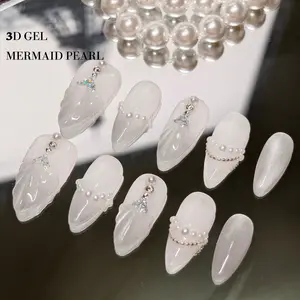 Vosplends 10PCS Handmade Mermaid Pearl White nails, wedding nails, cat eyes nails, 25mm short nails, vacation nail, bridal nail, wedding dress
