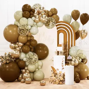 PartyWoo 142pcs Round Balloon Arch Garland Kit, 18/12/10/5in Dark Brown, White, Sand Beige, Cream, Metallic Gold Confetti Balloons with Pump for Baby Shower, Wedding Decorations