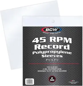 BCW 45 RPM Record Sleeves - 100 Count | Fits Standard 7 Inch Single 45s | Snug-Fit 2 Mil Polypropylene Outer Sleeves | Archival Plastic Covers for Vinyl Record Storage and Protection