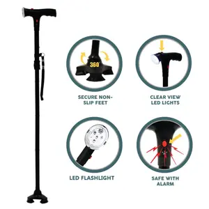 Walking Cane,Folding Cane with Led Light and Alarm,Walking Cane for Women, Adjustable Cane Suitable for Arthritis Disabled and Elderly, Cane with Cushioned T Handle and Swivel Four Pedestal Healthcare Stick Tool Equipment