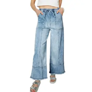 2026 Spring/Summer Women's High Waist Wide Leg Jeans Casual Stretch Denim Pants with Drawstring Waist and Pockets for Daily Wear SpringStatements