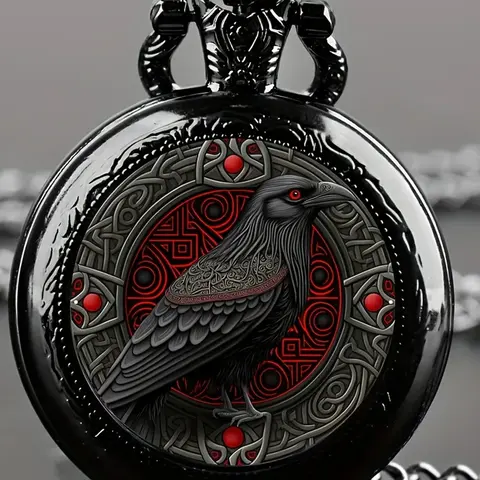 Gothic Design Black Raven Pocket Watch With Necklace Alloy Case & Band, Classic Quartz Watch, Quartz Movement, Non-Waterproof Fashionable Analog Watch for Men Women Kids, Vintage Quartz Watch, Analogue Quartz Watch, Fashion Watches