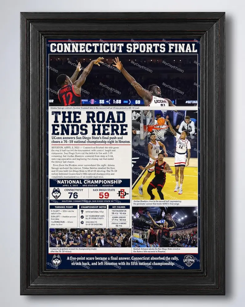 [Unframed Poster] UConn Huskies 2023 NCAA National Championship Fifth Title March Madness Basketball Newspaper Wall Art