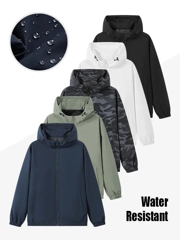 Unisex Hooded Windbreaker Jacket for Men and Women, Lightweight Full-Zip Outdoor Casual Windproof Coat with Adjustable Drawstring Hood