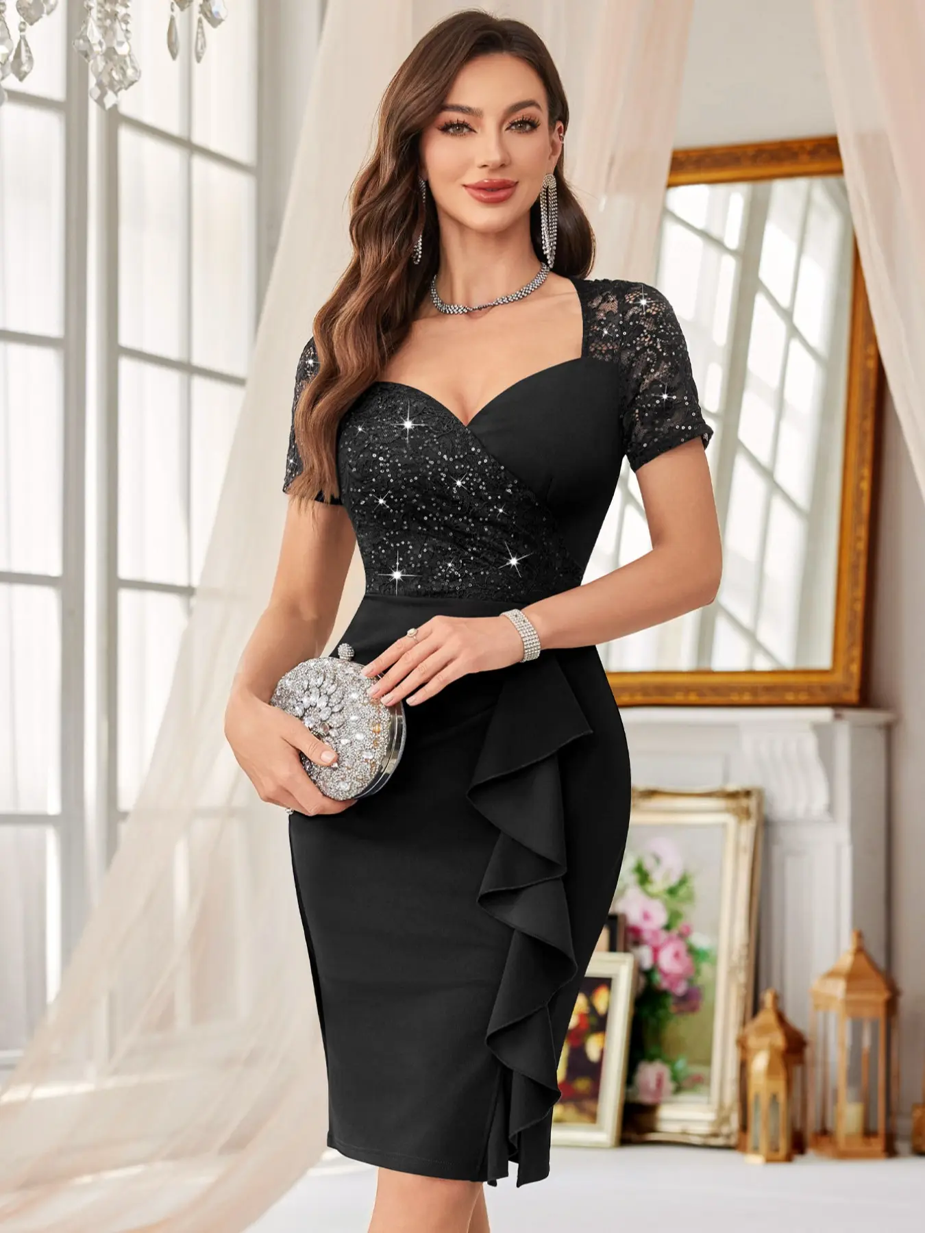MIUSOL 54577A Contrast Sequin Floral Lace Sweetheart Neck Ruffle Trim Elegant Classy Fitted Cocktail Party Evening Formal Wear Bodycon Dress