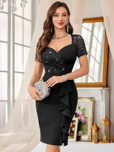 MIUSOL 54577A Contrast Sequin Floral Lace Sweetheart Neck Ruffle Trim Cocktail Party Bodycon Dress