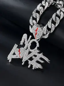 Hiphop No Love Heart Shaped Pendant Necklace, Sparkling CZ, Sparkling Zirconia Alloy Cuban Link Design Chain, Street Style Artisan Jewelry, Party & Daily Wear, Charming Gift Idea