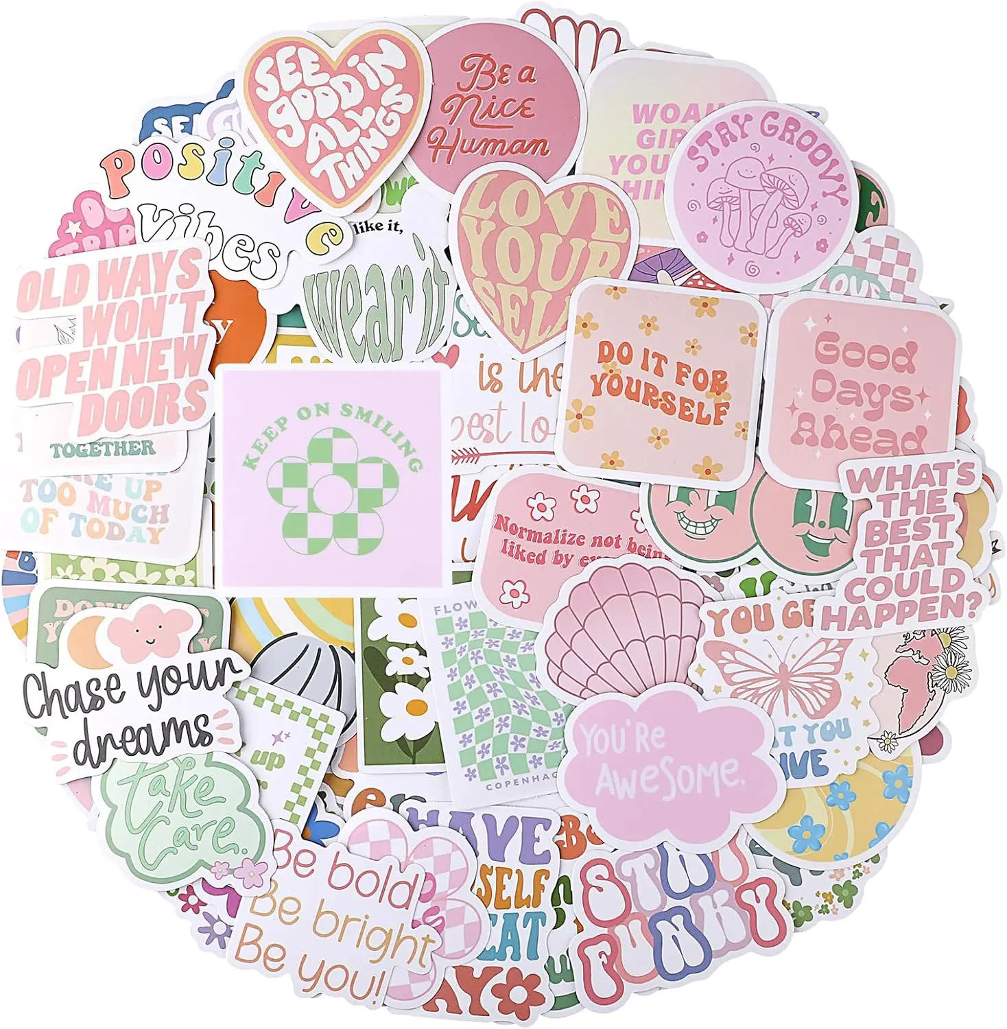 100PCS Cute Preppy Pink Inspirational Vinyl Stickers, Self-Adhesive Removable Waterproof Sunscreen Fade-Resistant Decals for Laptops, Water Bottles, Adults Teen Girls