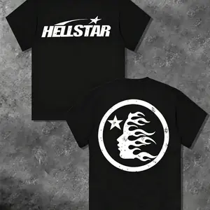 100% CottonHell Star Pattern Double Sided Printed T-Shirt, High Quality Crew Neck Casual Short Sleeve Top for Spring & Summer