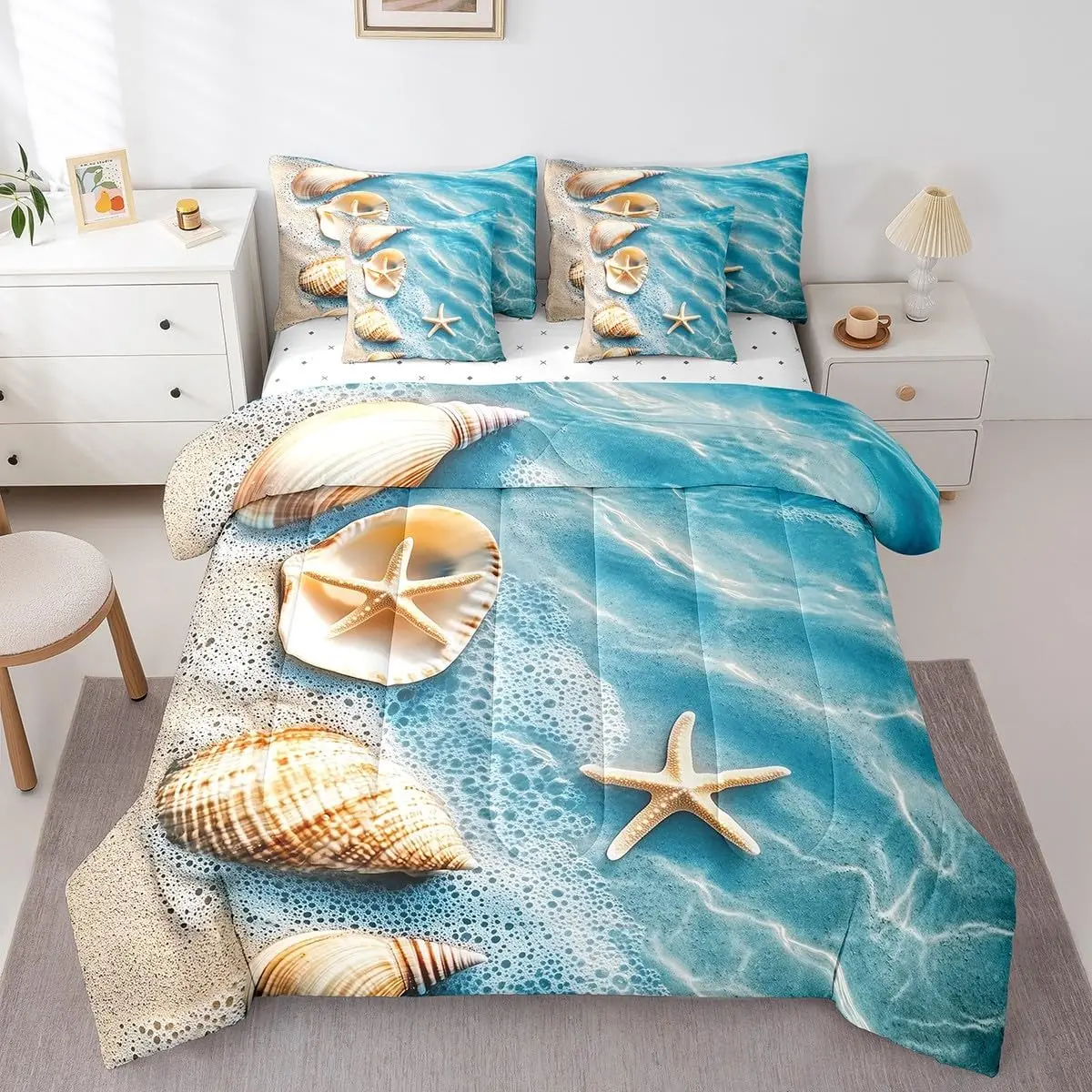 Hawaiian Beach Comforter Set 7 Pcs Starfish Seashell Ocean Sea Coastal Nature Pattern Bedding Set Summer Holiday Vacation Bed in a Bag with Comforter,Sheets,Pillowcases & Cushion Cover