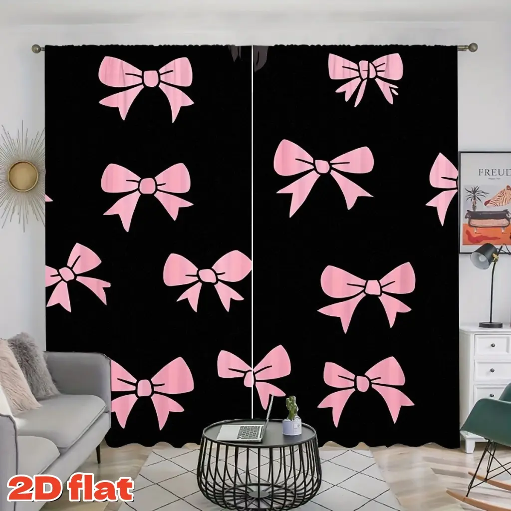 2D Flat 2Pcs Pink Bowknot Pattern Curtains, Rod Pocket Style, Semi Sunshade, Suitable for Home Living Room, Bedroom, Balcony Window Decor, Home Decoration Curtain, Home Decorative Curtain, Modern Aesthetic Anti-Privacy, Curtain Replacement
