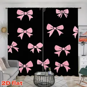 2D Flat 2Pcs Pink Bowknot Pattern Curtains, Rod Pocket Style, Semi Sunshade, Suitable for Home Living Room, Bedroom, Balcony Window Decor, Home Decoration Curtain, Home Decorative Curtain, Modern Aesthetic Anti-Privacy, Curtain Replacement