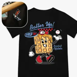 2 Sided Youth T-Shirt Batter Up Baseball Graphic Tee, Funny Waffle Baseball Cartoon Shirt, Baseball Fan Game Day Outfit, Apparel Made In The USA		