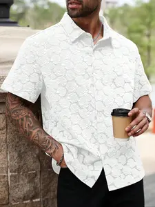 Plus Size Men's Casual Daily Wear Vacation Attire Featuring A Vintage Solid-Colored Textured Jacquard Short-Sleeve Shirt, Casual Streetwear Shirt In Coffee Brown With A Rose Pattern, Casual Menswear