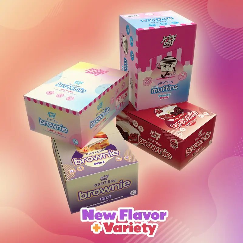 Prime Bites New Flavor + Variety Bundle – PB&J, Red Velvet, Mini Muffin Variety Pack, Protein Brownie Variety Pack