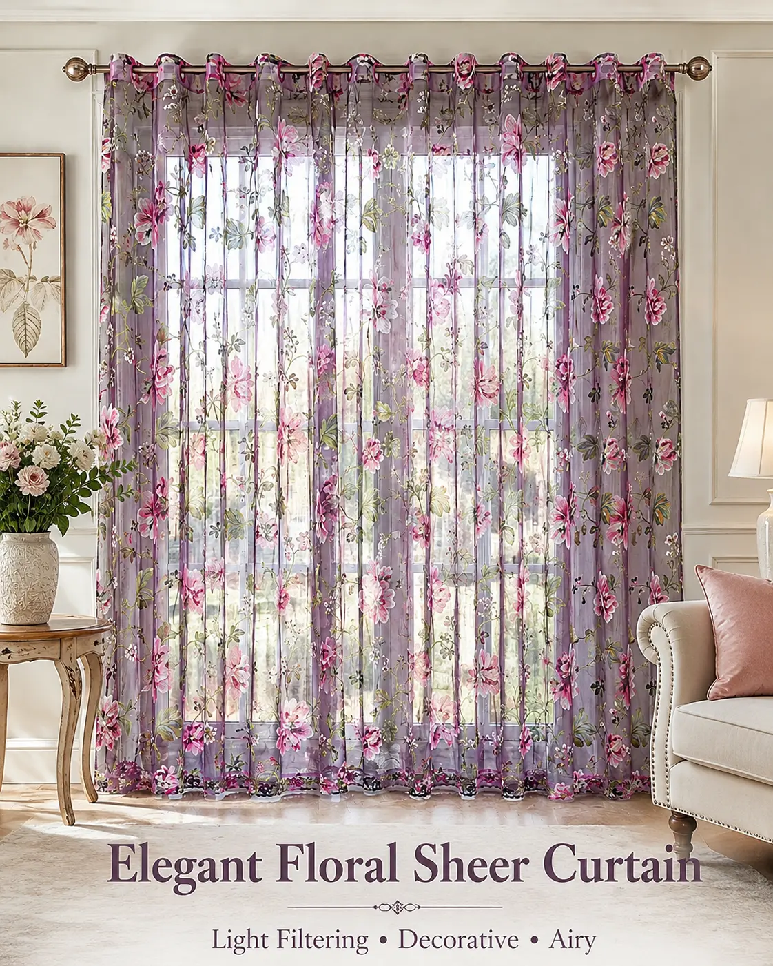 No-drill floral sheer curtains for the living room, 39.4 x 98.4 inches, light-filtering sheer curtains with an elegant floral design and metal grommets at the top. Perfect for bedrooms, patio doors, and home decor—a must-have for renters and dorm rooms.