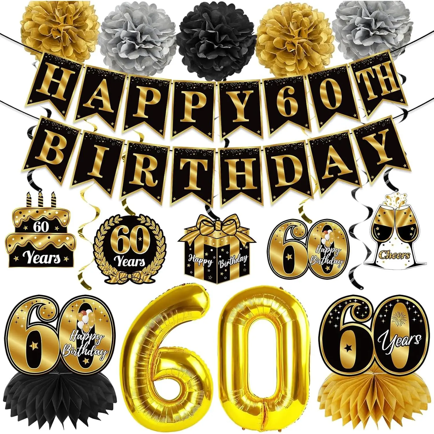60th Birthday Decorations Set for Men - Black Gold Happy 60th Banner, Cheers to 60 Years Plastic Balloons, Photo-Worthy Table Decor, Hanging Swirls, Paper Pompoms Festive Gift for Home Party Supplies, Wife