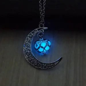 Glowing Crescent Moon and Heart Pendant Necklace, Magical, Women's Jewelry, Unisex