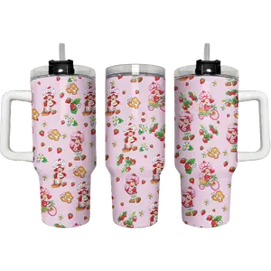 Retro 80s Cartoon Strawberry Shortcake Tumbler 40oz, Cute Strawberry Drinkware For Women Girls, Portable Car Cup Holder, Pink Aesthetic Daily Hydration Gift Idea | 300326.R0037.ID03