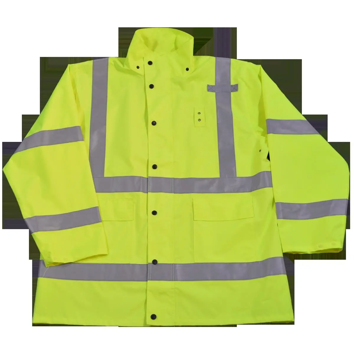 212 MAIN Unisex Full-Length Heavy-Duty Waterproof Workwear Raincoat Jacket, ANSI-ISEA Class 3 Lime, 2X, Unlined, Detachable Adjustable Straps Hood, Cloth Storm Flap, 2 Flapped Front Pockets, Zipper & Snap Closure, Reflective Strips, Poly Oxford Fabric, Re