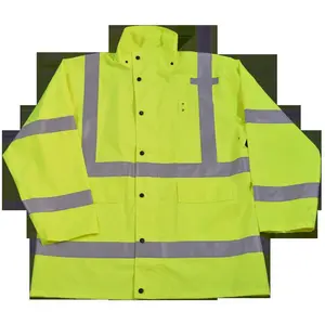 212 MAIN Unisex Full-Length Heavy-Duty Waterproof Workwear Raincoat Jacket, ANSI-ISEA Class 3 Lime, 2X, Unlined, Detachable Adjustable Straps Hood, Cloth Storm Flap, 2 Flapped Front Pockets, Zipper & Snap Closure, Reflective Strips, Poly Oxford Fabric