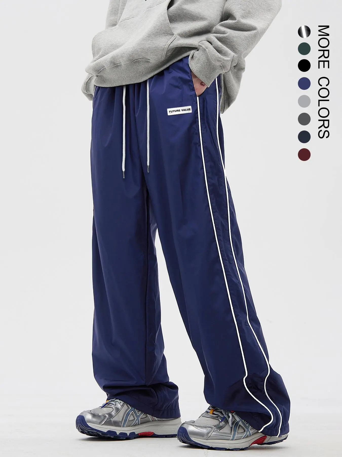 Men's Side Stripe Drawstring Waist Straight Leg Plain Pants, Casual Pocket Letter Patched Trousers for Fall & Winter, Loose Menswear, Drippy Outfits