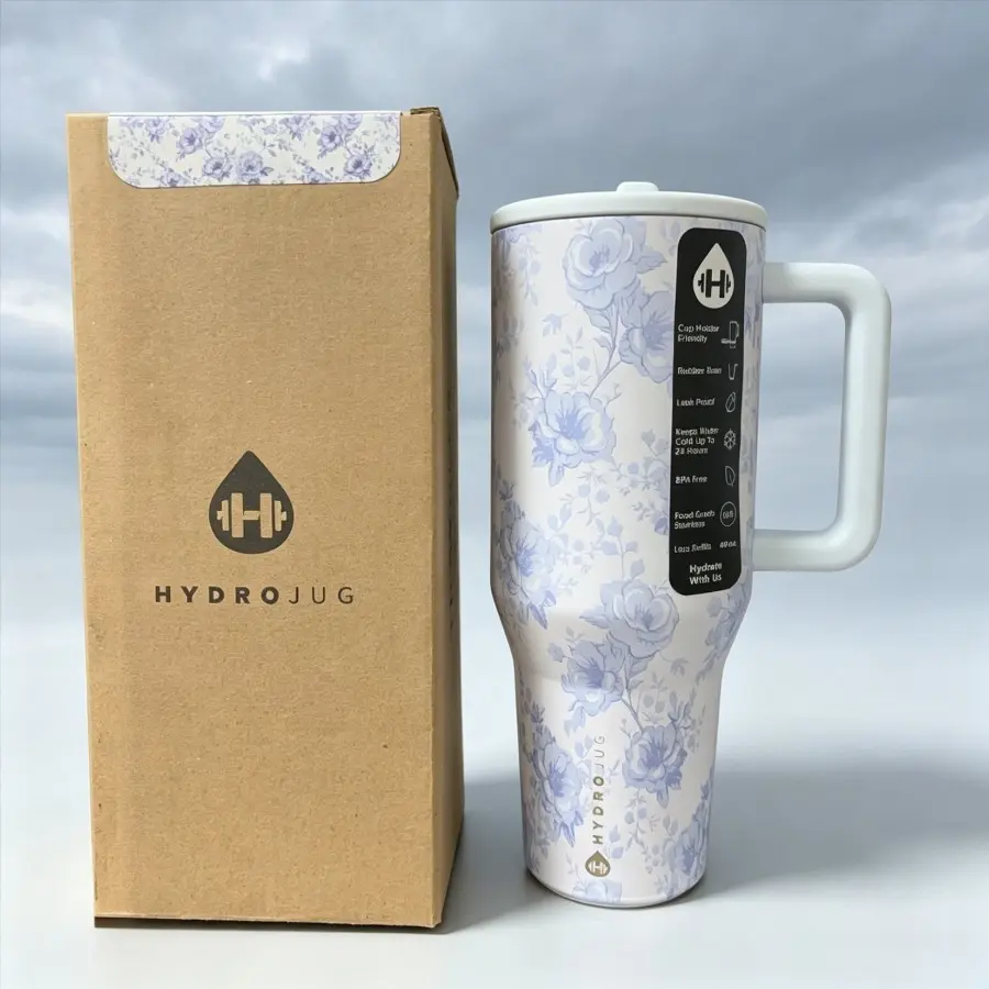 HydroJug Traveler 40oz Retro Blue Rose，Leakproof Vacuum Insulated Stainless Steel Water Bottle - Lid withHandle & Flip Straw, Cup Holder-Fit RubberBase, Insulation Reusable Tumbler For